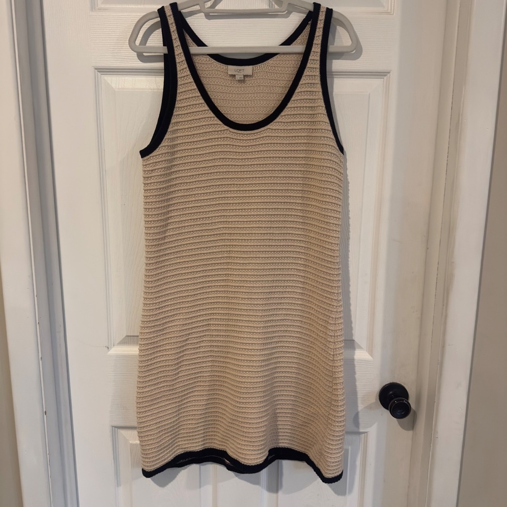 Loft Outlet Womens Large Cotton Knit Shift Sweater Dress Cream Black Trim